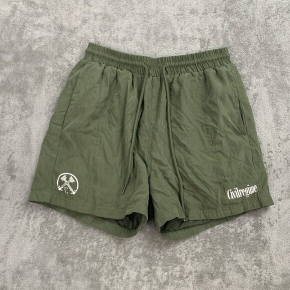 Civil Regime Shorts Mens Small Faux Suede Military Green Logo Athleisure Casual - Picture 1 of 13